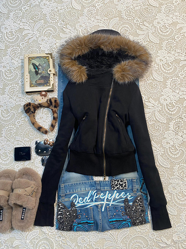 winter fur collar hooded jacket