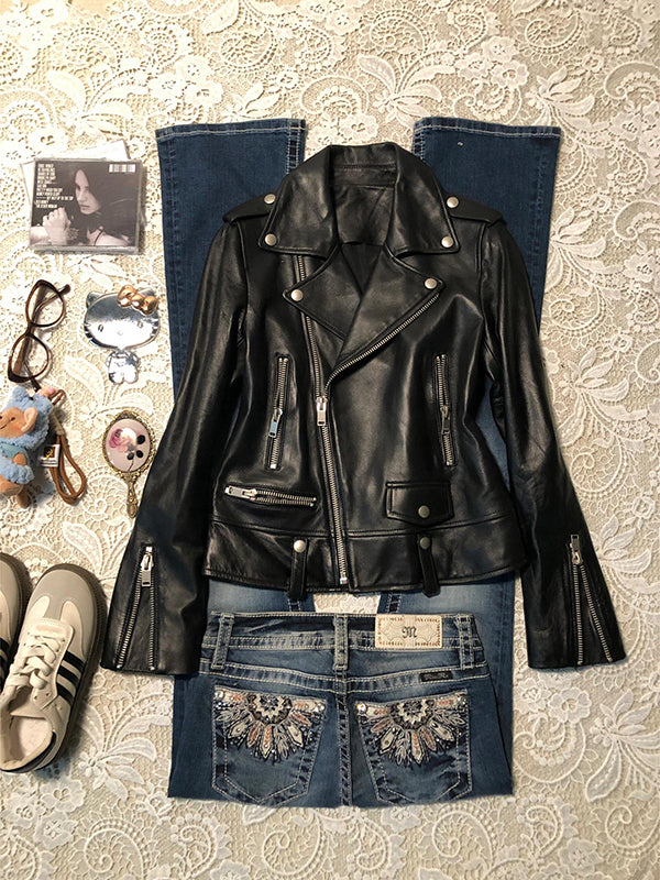 lapel motorcycle leather jacket