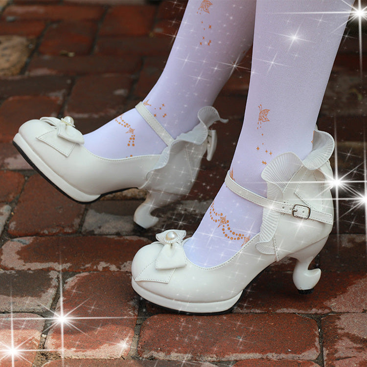 Bowknot Strappy Ruffle PU Sweet Lolita Shoes 5 Colors White