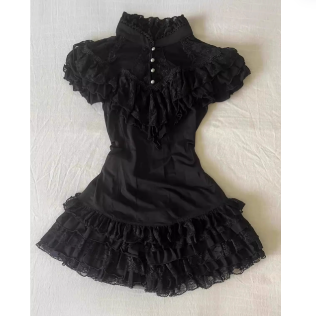 Original black lace short-sleeved shirt