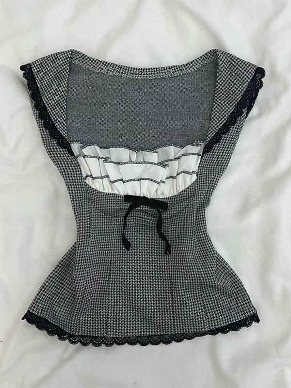 Retro Gray Bow Lace Vest