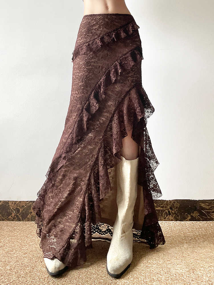 Fairy Grunge Brown Lace Split Skirt