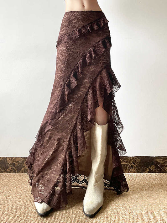 Fairy Grunge Brown Lace Split Skirt