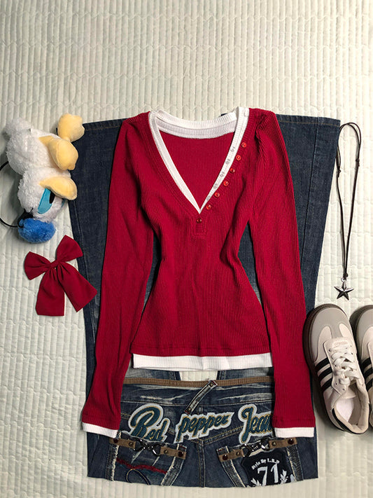 red v-neck fake two-piece sweater