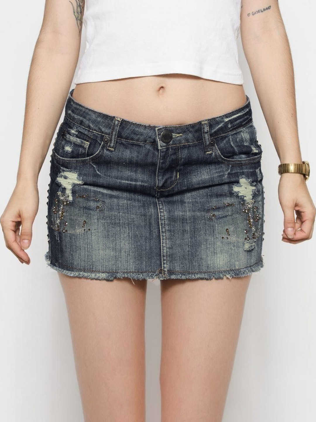 Drilled Holes Buttocks Denim Skirt