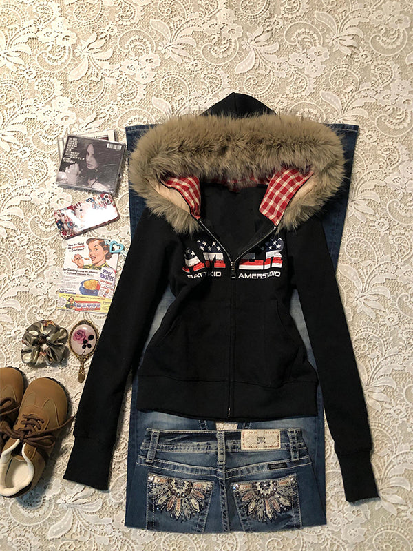 retro hooded fur collar niche jacket