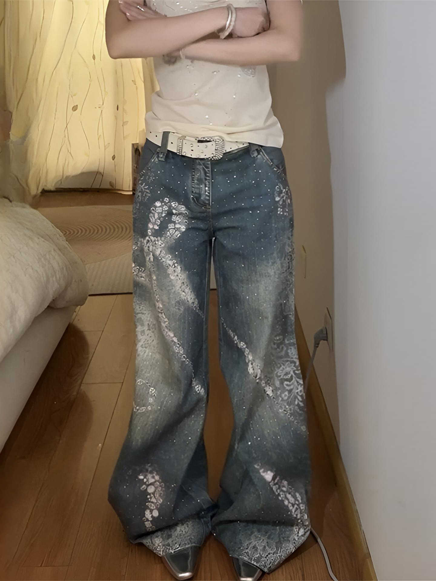Butterfly Print Wide Legs Jeans