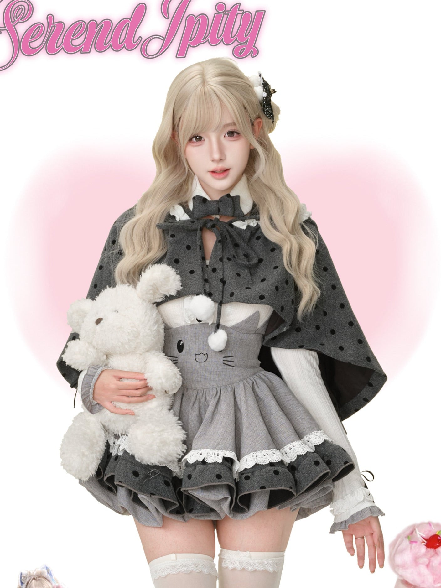 Gray cat doll bow tie suspender skirt