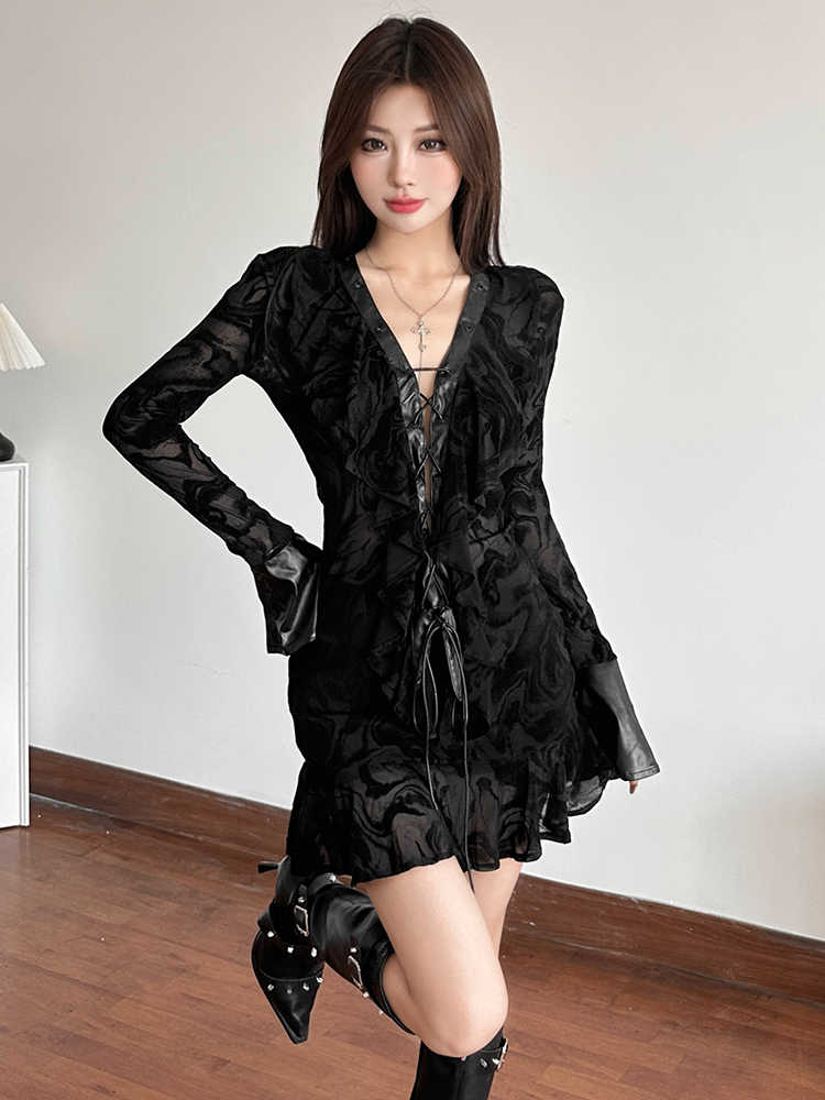 Dark Coquette Lace Leather Dress