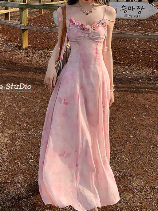 Pink Flower V-neck Suspender Dress