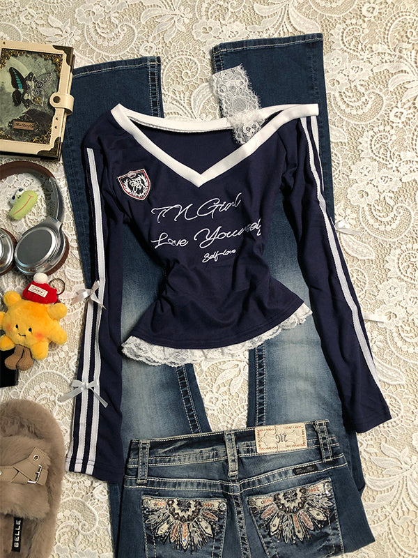 blue V-neck lace splicing long-sleeved Top