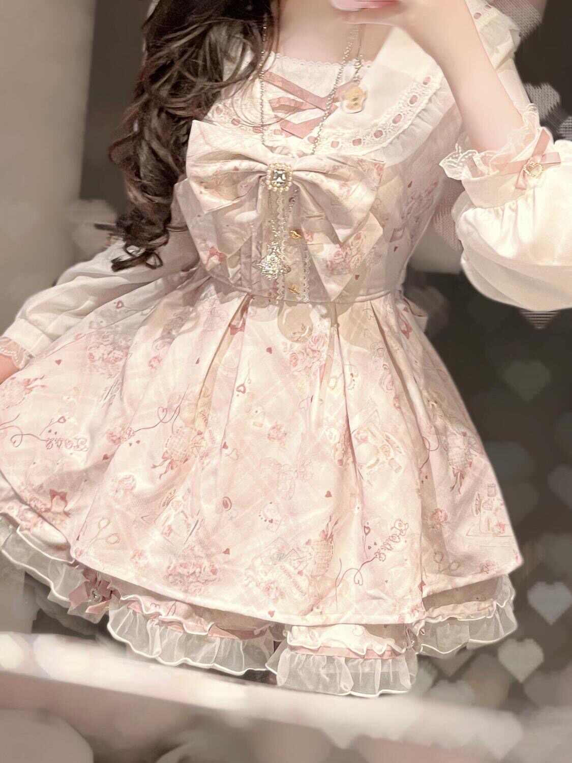 Pink Printed Bow Waist A-line Dress