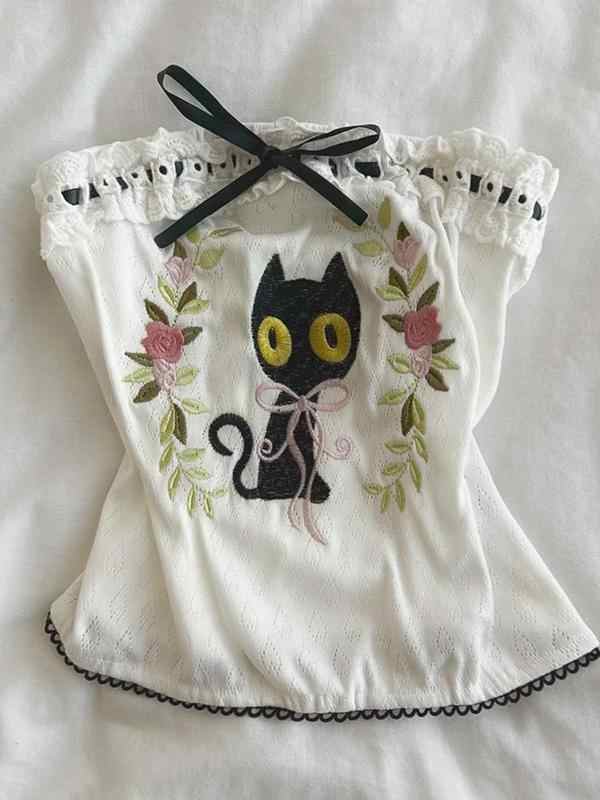 Black Cat Printed Crop Top
