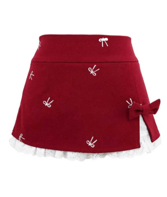 Red Bow Embroidered Lace Hem Skirt