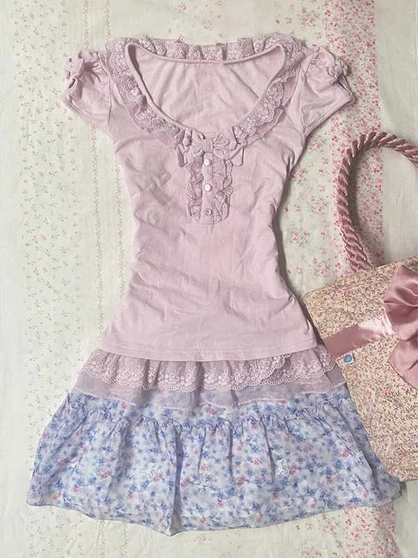 Purple Lace Short-sleeved T-shirt