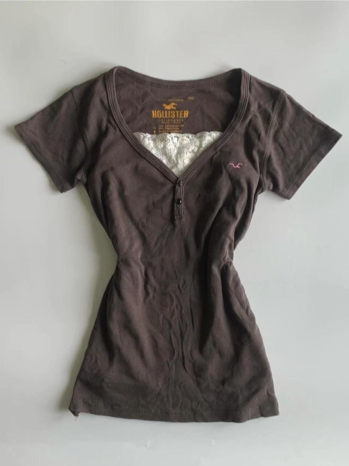retro V-neck vintage fake two-piece T-shirt