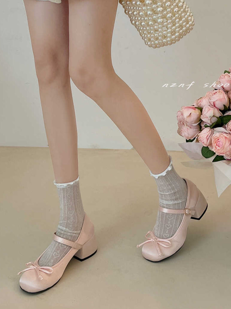 Ballet Satin Thick Heel Shoes