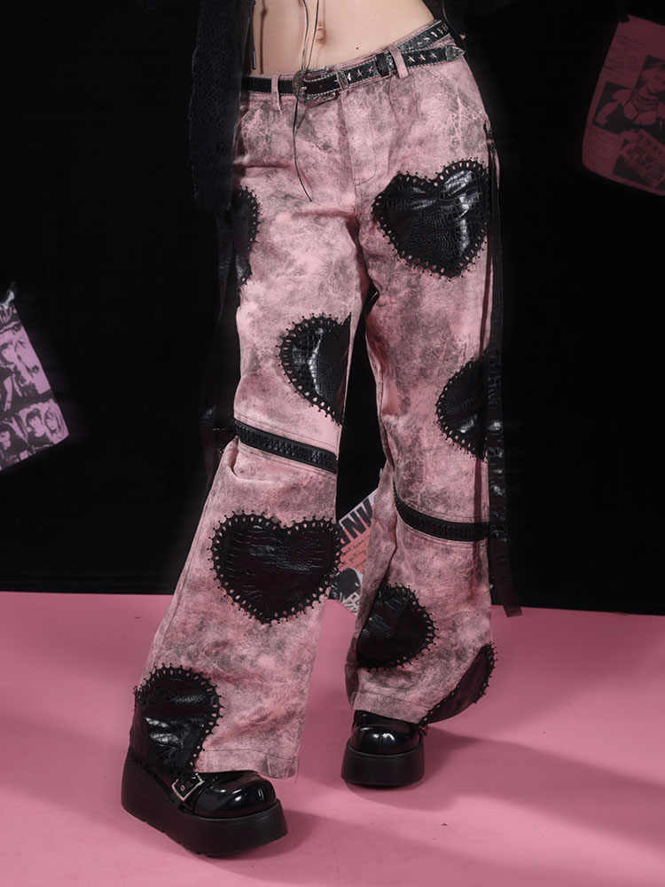 Black Pink Hearts Punk Jeans
