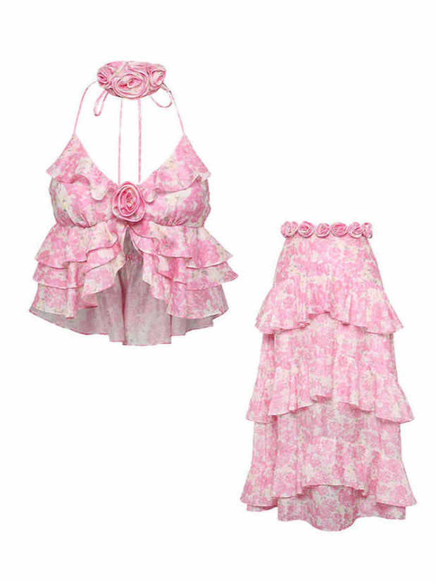 Pink Rose Floral Ruffle Halter Top & Skirt