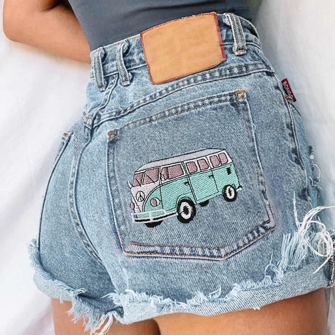 Girls Loose Raw Edge Print Denim Shorts