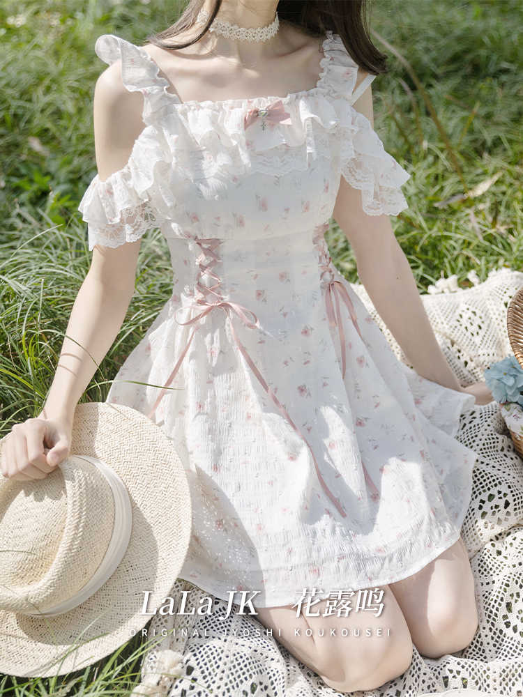 Japanese Off-shoulder Floral Lace Dress