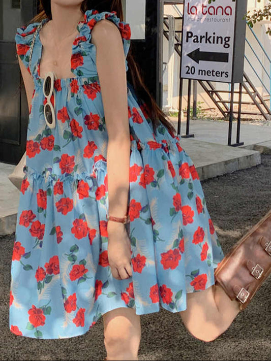 Blue Rose Printed Suspender Dress