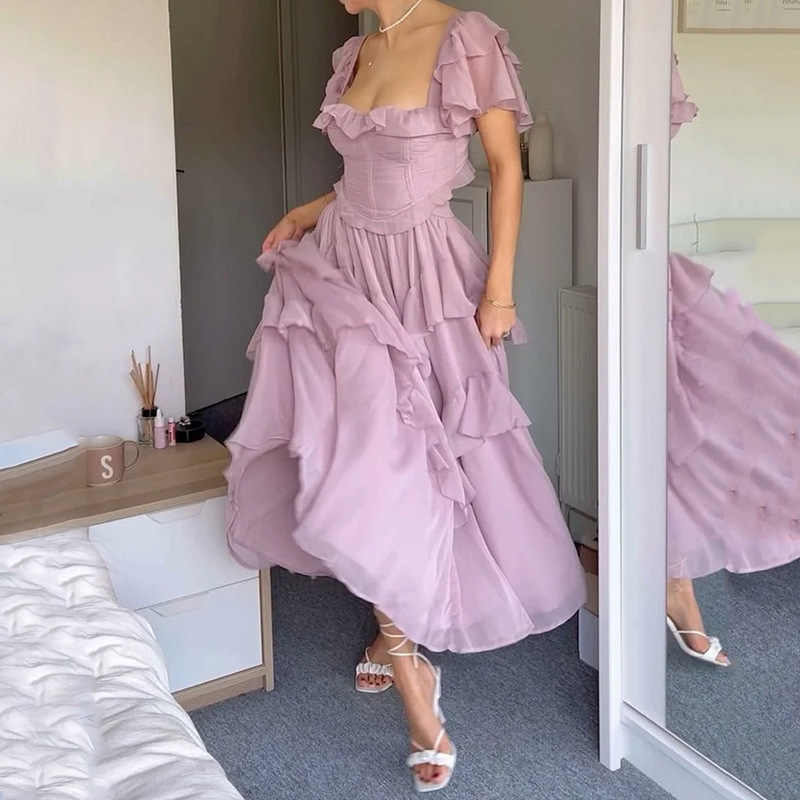 French One-shoulder Ruffled Dress