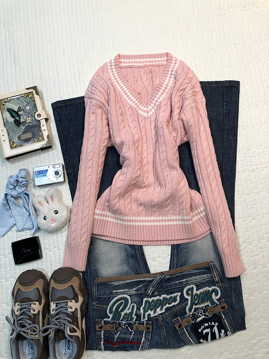 pink V-neck twist sweater