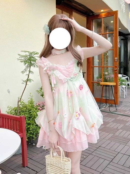 Bubble Mesh Floral Suspender Dress