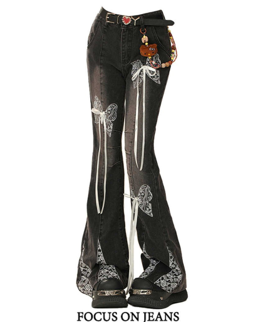 Coquette Lace Bow Bell Bottom Jeans