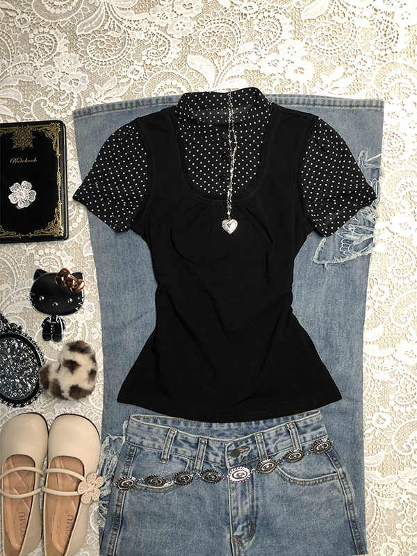 Black Spliced Polka Dot Shirt