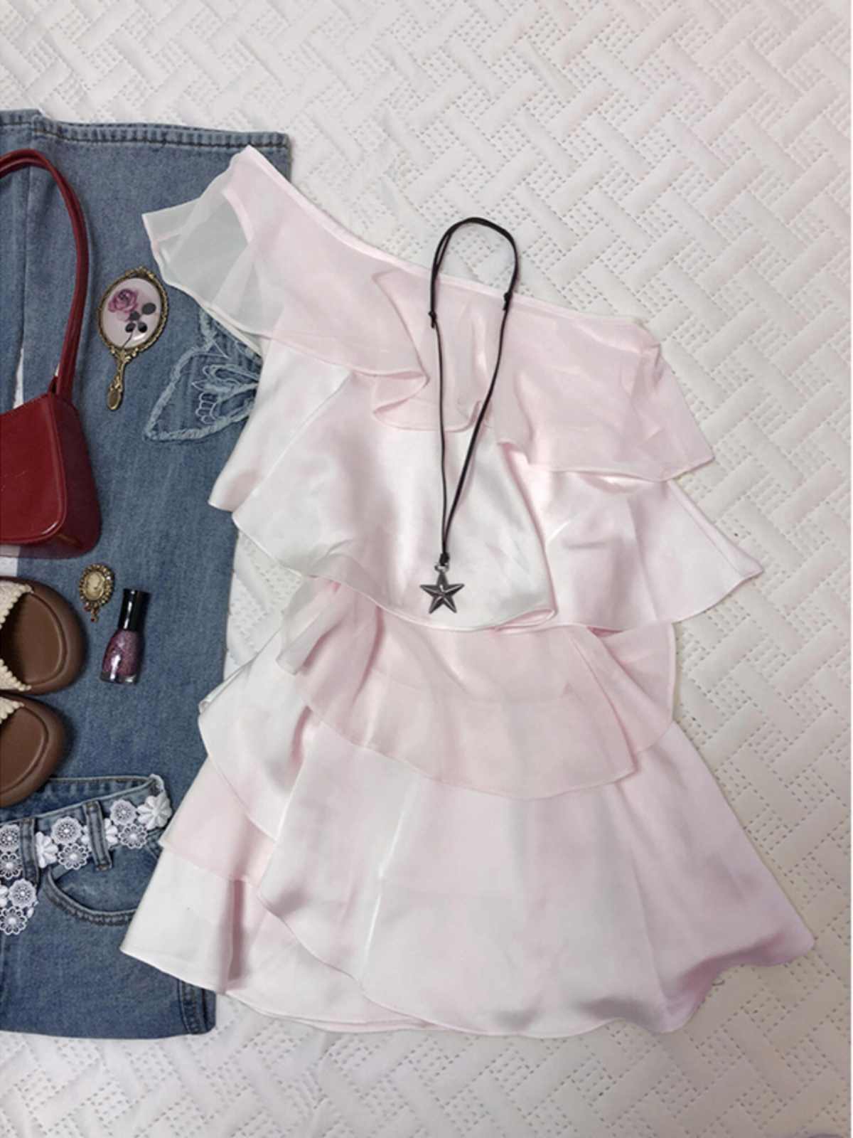 Pink Chiffon One-shoulder Mini Dress