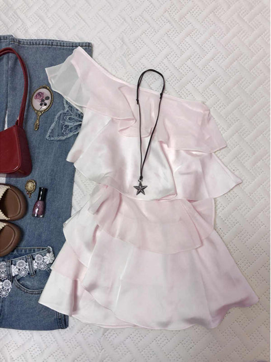 Pink Chiffon One-shoulder Mini Dress