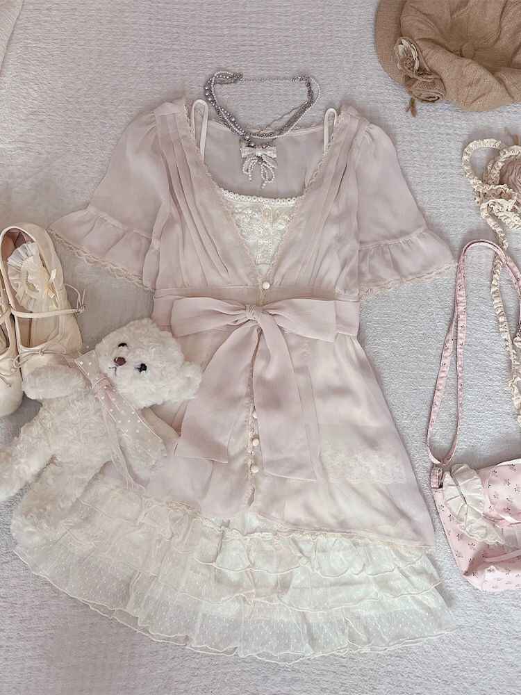 Pink Lace Cardigan Three-piece Suit