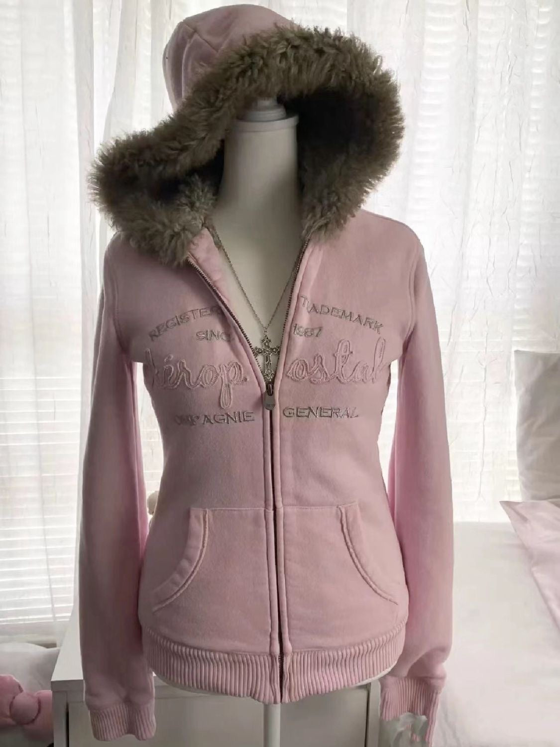 y2k retro pink letter fur collar hooded jacket