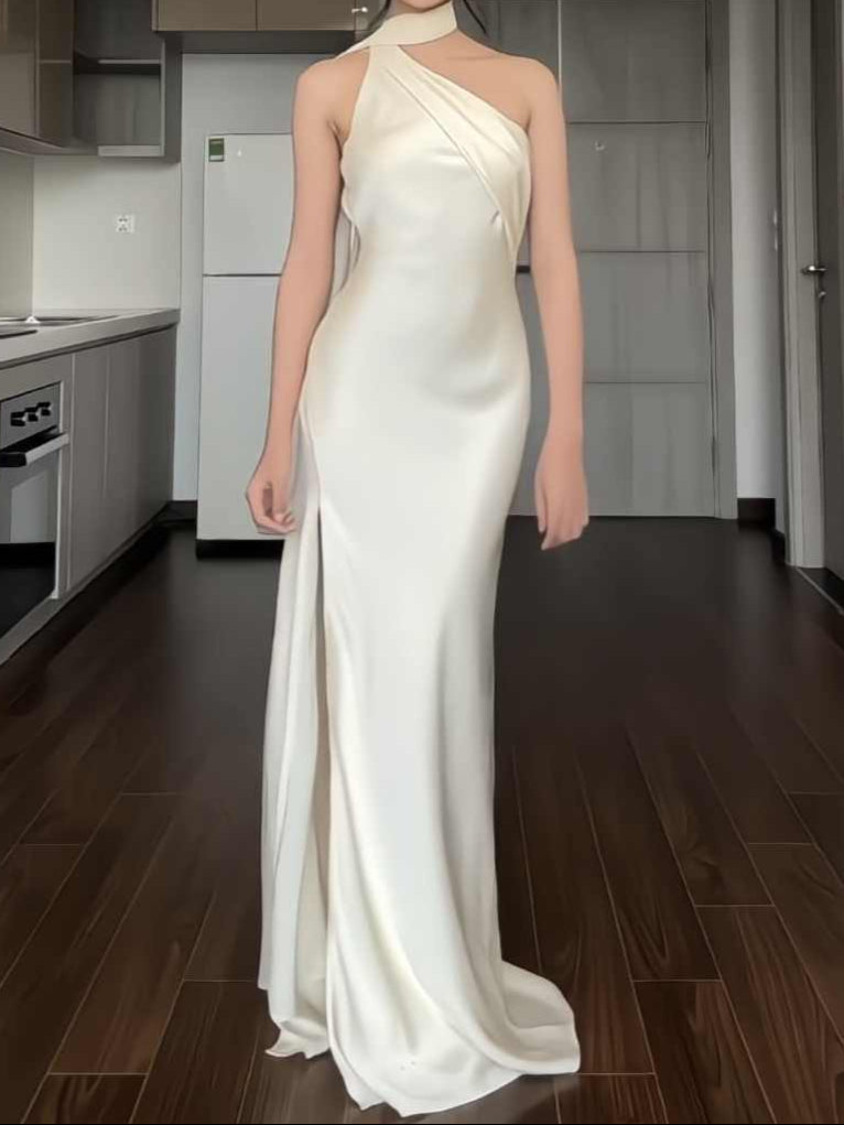 Satin Oblique Shoulder Backless Dress