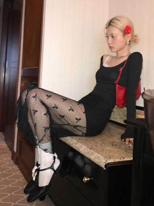 Bow Mesh Mid-length Skirt