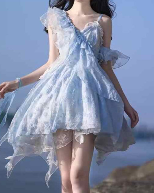 Blue Bubble Mesh Irregular Dress