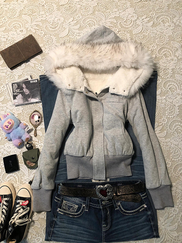 retro fur hooded slim sweatshirt