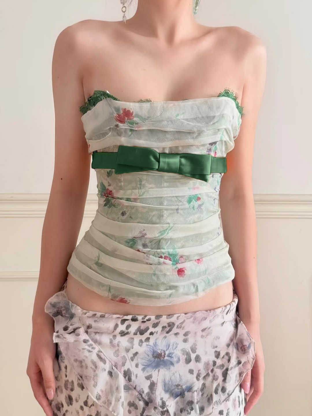 French Green Floral Mesh Tube Top