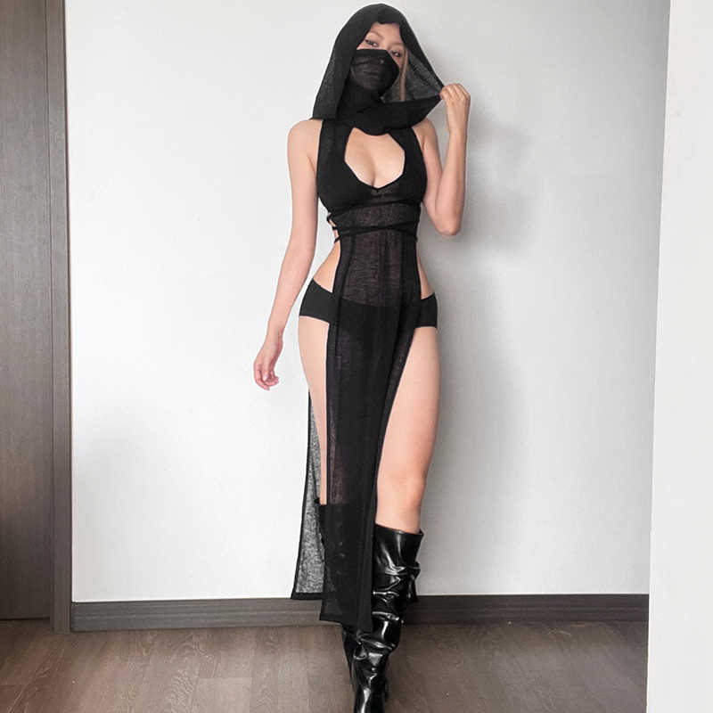 Dark Hooded Sleeveless Dress
