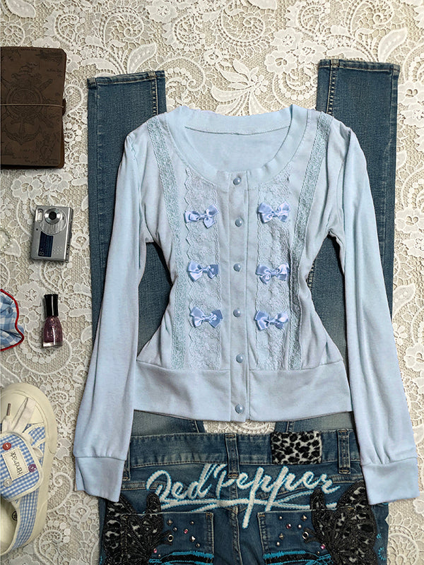 blue bow long-sleeved cardigan