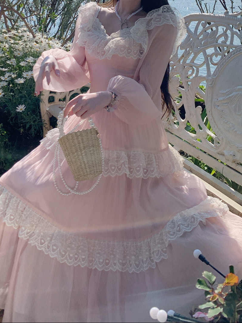 French Lace Puff-sleeved Dress