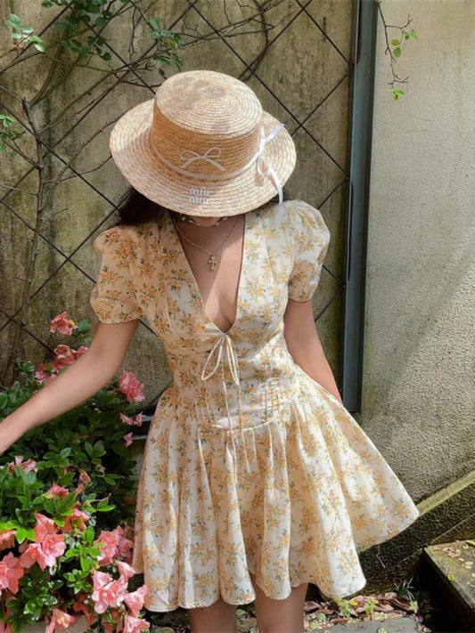 V-neck Puff Sleeve Floral Dress