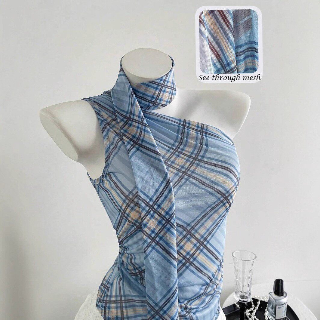 Plaid Halter Top with Flowing Ties