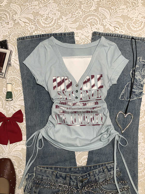 Lace Edge Letter Retro T-shirt