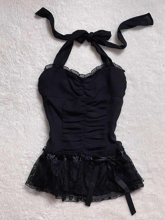 Black Halter-neck Lace Top