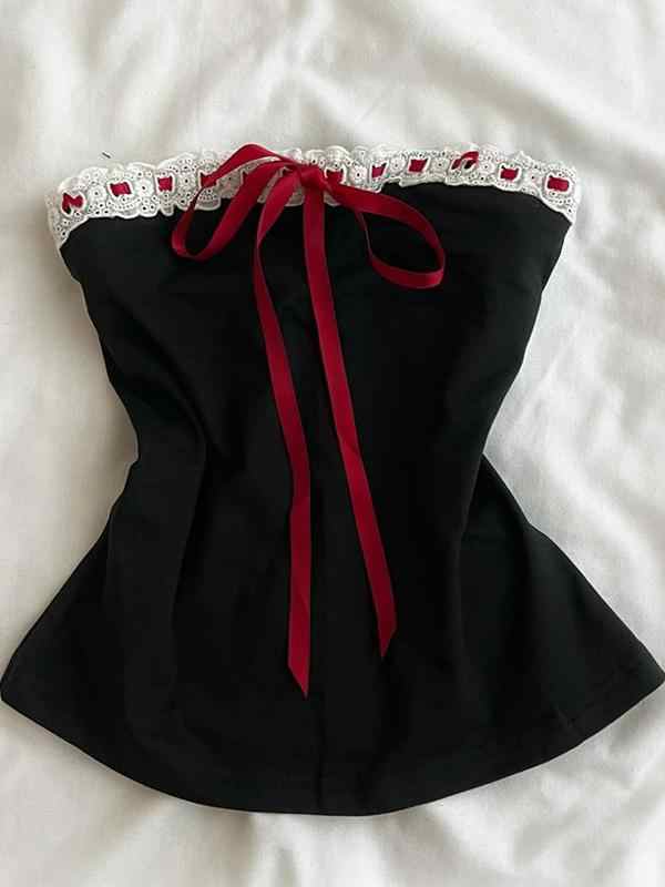 Dark Coquette Red Bow Crop Top