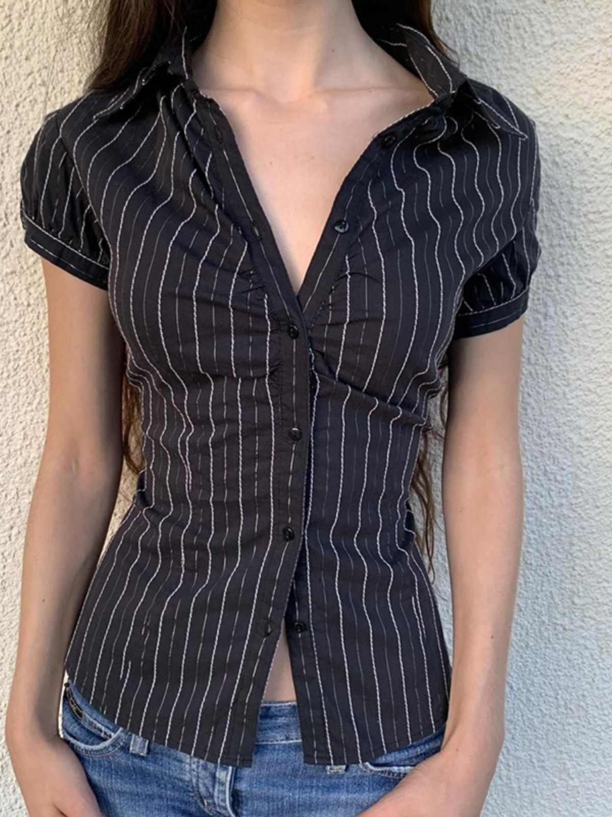 Classic V-neck Button-down Striped Shirt