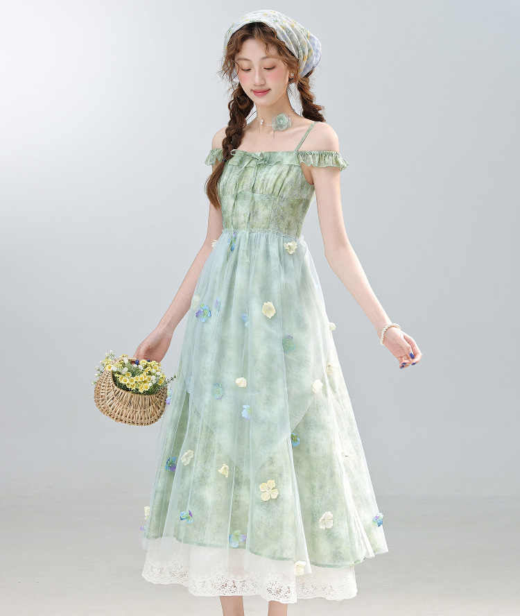 Green Field Flower Suspender Dress